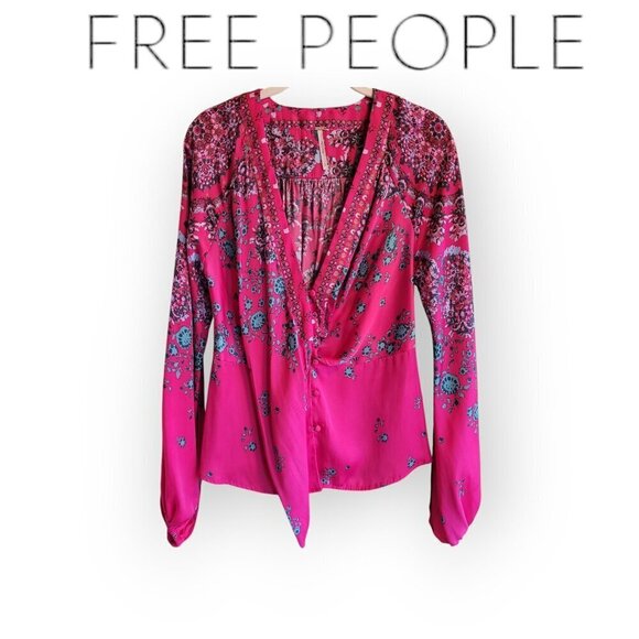 Free People Fuchsia Balloon Sleeve Blouse Size S - Picture 12 of 13